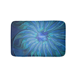 Blue Flower Fantasy Pattern, Abstract Fractal Art Bath Mat