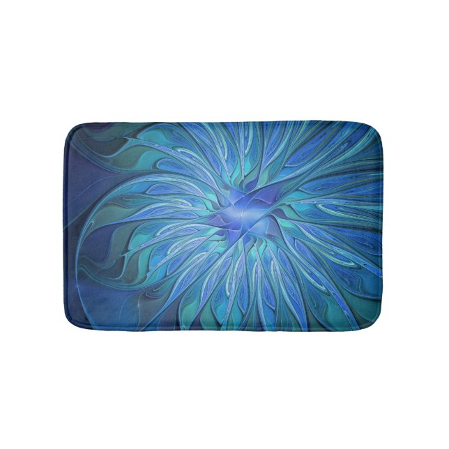 Blue Flower Fantasy Pattern, Abstract Fractal Art Bath Mat (Front)