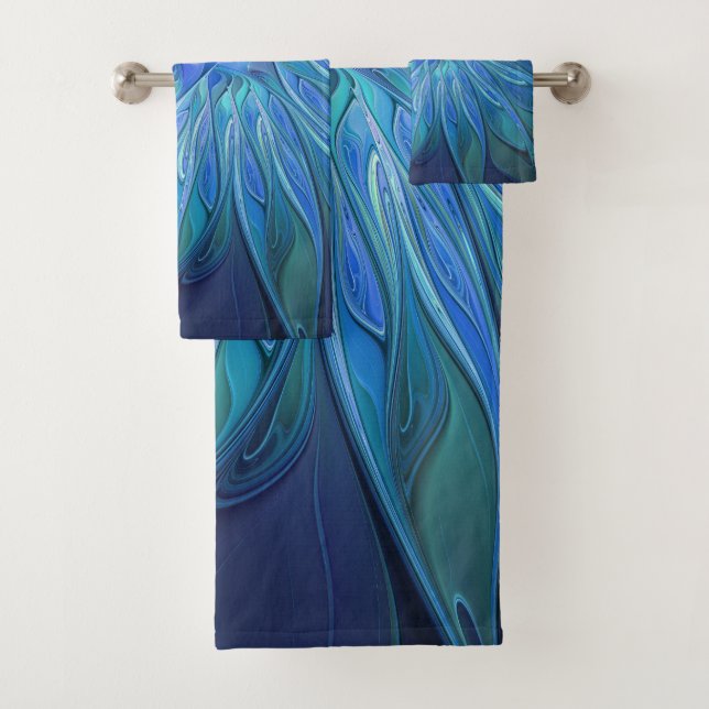 Blue Flower Fantasy Pattern, Abstract Fractal Art Bath Towel Set (Insitu)