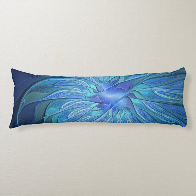 Blue Flower Fantasy Pattern, Abstract Fractal Art Body Pillow (Front)