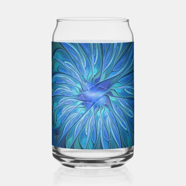 Blue Flower Fantasy Pattern, Abstract Fractal Art Can Glass (Front)