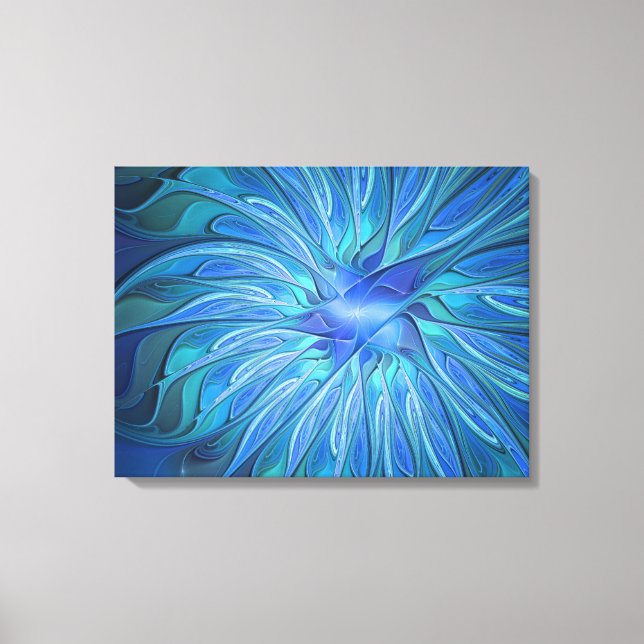 Blue Flower Fantasy Pattern, Abstract Fractal Art Canvas Print (Front)