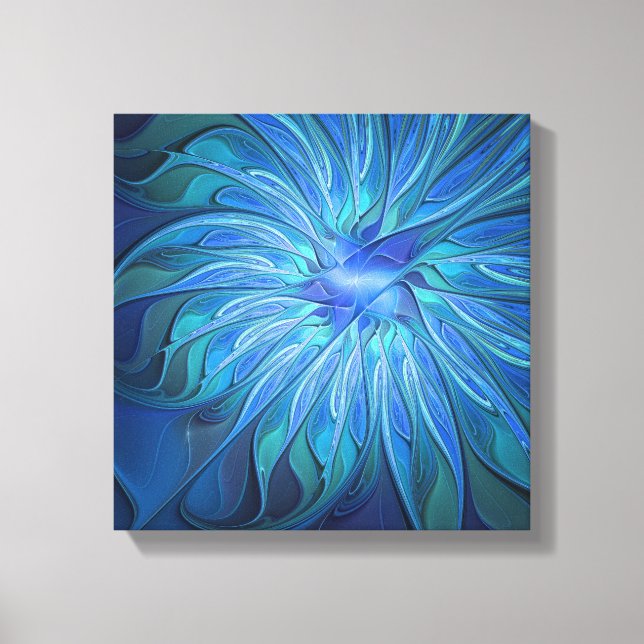 Blue Flower Fantasy Pattern, Abstract Fractal Art Canvas Print (Front)