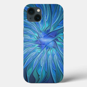 Blue Flower Fantasy Pattern, Abstract Fractal Art iPhone 13 Case