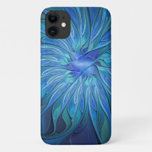 Blue Flower Fantasy Pattern, Abstract Fractal Art iPhone 11 Case