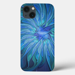 Blue Flower Fantasy Pattern, Abstract Fractal Art iPhone 13 Case