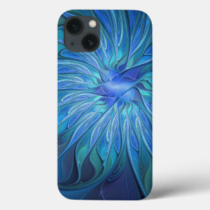 Blue Flower Fantasy Pattern, Abstract Fractal Art iPhone 13 Case
