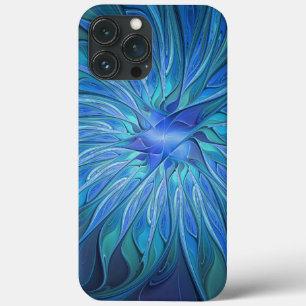 Blue Flower Fantasy Pattern, Abstract Fractal Art iPhone 13 Pro Max Case
