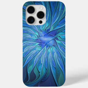 Blue Flower Fantasy Pattern, Abstract Fractal Art iPhone 15 Pro Max Case