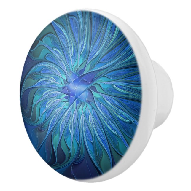 Blue Flower Fantasy Pattern, Abstract Fractal Art Ceramic Knob (Right)
