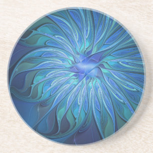 Blue Flower Fantasy Pattern, Abstract Fractal Art Coaster