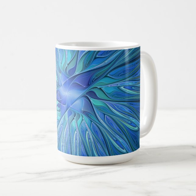 Blue Flower Fantasy Pattern, Abstract Fractal Art Coffee Mug (Front Right)