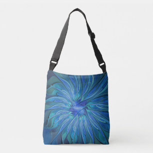 Blue Flower Fantasy Pattern, Abstract Fractal Art Crossbody Bag