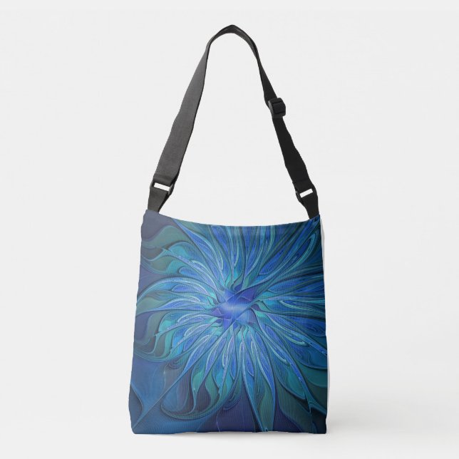 Blue Flower Fantasy Pattern, Abstract Fractal Art Crossbody Bag (Front)