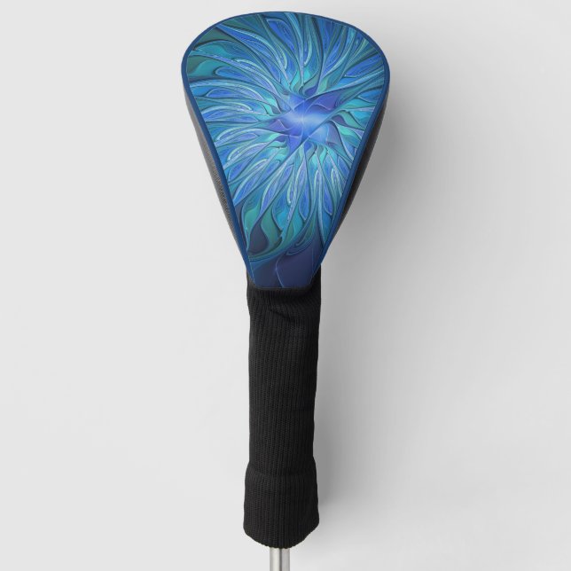 Blue Flower Fantasy Pattern, Abstract Fractal Art Golf Head Cover (Front)