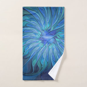 Blue Flower Fantasy Pattern, Abstract Fractal Art Hand Towel