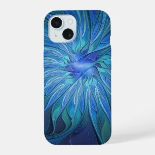 Blue Flower Fantasy Pattern, Abstract Fractal Art iPhone 15 Case