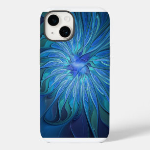 Blue Flower Fantasy Pattern, Abstract Fractal Art iPhone 14 Case