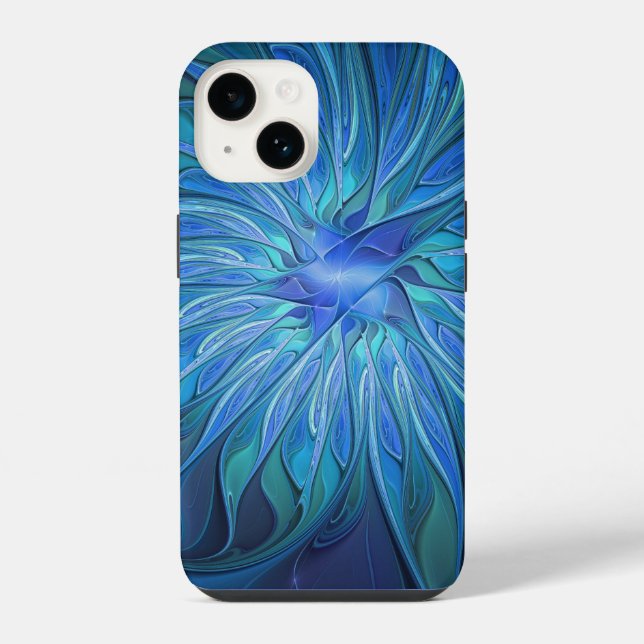 Blue Flower Fantasy Pattern, Abstract Fractal Art iPhone Case (Back)