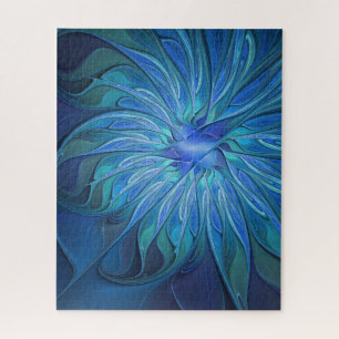 Blue Flower Fantasy Pattern, Abstract Fractal Art Jigsaw Puzzle