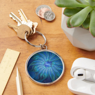 Blue Flower Fantasy Pattern, Abstract Fractal Art Keychain