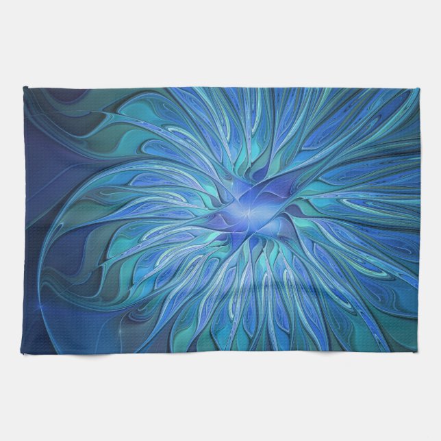 Blue Flower Fantasy Pattern, Abstract Fractal Art Kitchen Towel (Horizontal)