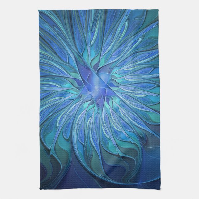 Blue Flower Fantasy Pattern, Abstract Fractal Art Kitchen Towel (Vertical)