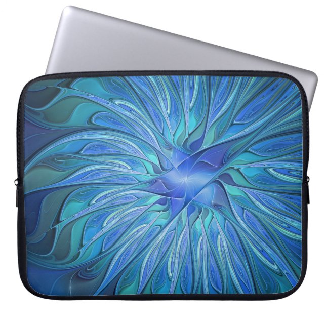 Blue Flower Fantasy Pattern, Abstract Fractal Art Laptop Sleeve (Front)