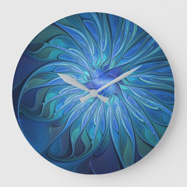 Blue Flower Fantasy Pattern, Abstract Fractal Art Large Clock (Front)