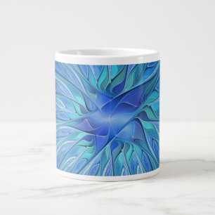 Blue Flower Fantasy Pattern, Abstract Fractal Art Large Coffee Mug