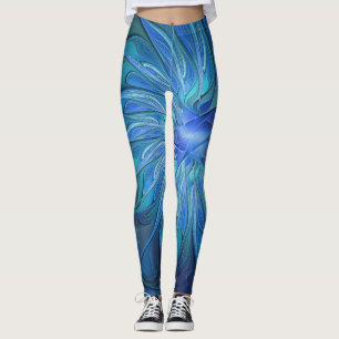 Blue Flower Fantasy Pattern, Abstract Fractal Art Leggings