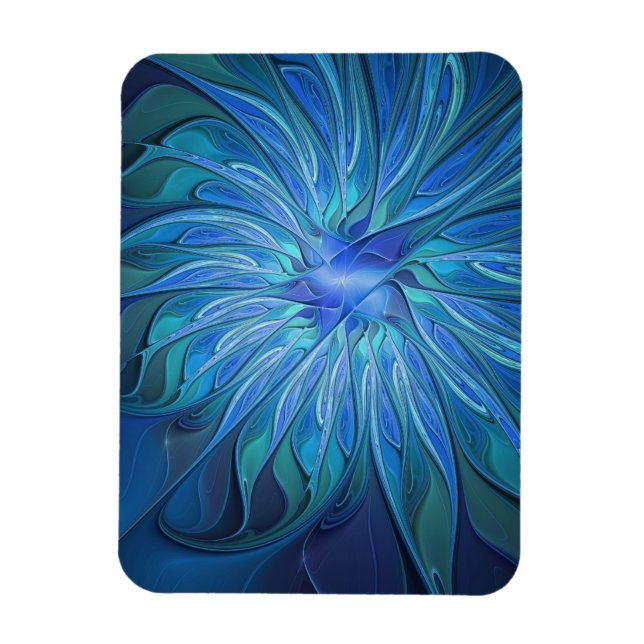 Blue Flower Fantasy Pattern, Abstract Fractal Art Magnet (Vertical)
