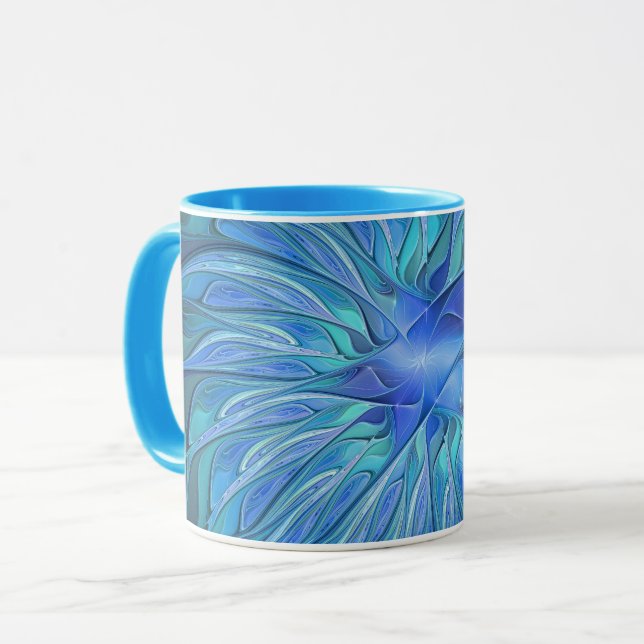 Blue Flower Fantasy Pattern, Abstract Fractal Art Mug (Front Left)