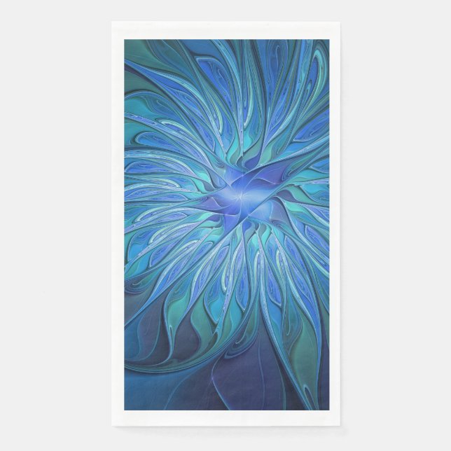 Blue Flower Fantasy Pattern, Abstract Fractal Art Napkin (Front)
