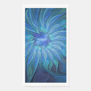 Blue Flower Fantasy Pattern, Abstract Fractal Art Napkin