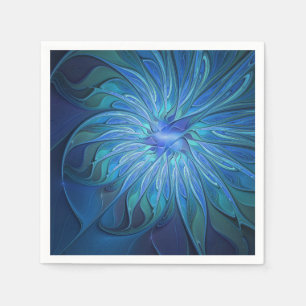 Blue Flower Fantasy Pattern, Abstract Fractal Art Napkin