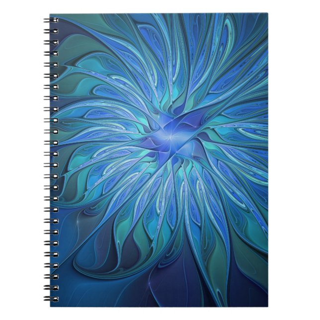 Blue Flower Fantasy Pattern, Abstract Fractal Art Notebook (Front)