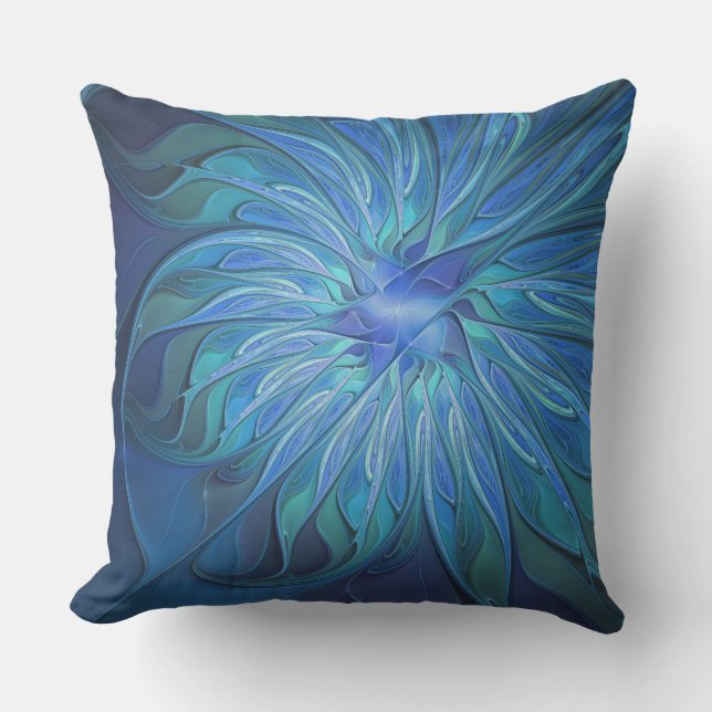 Blue Flower Fantasy Pattern, Abstract Fractal Art Outdoor Pillow (Front)