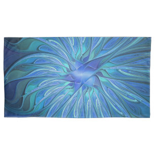 Blue Flower Fantasy Pattern, Abstract Fractal Art Pillowcase