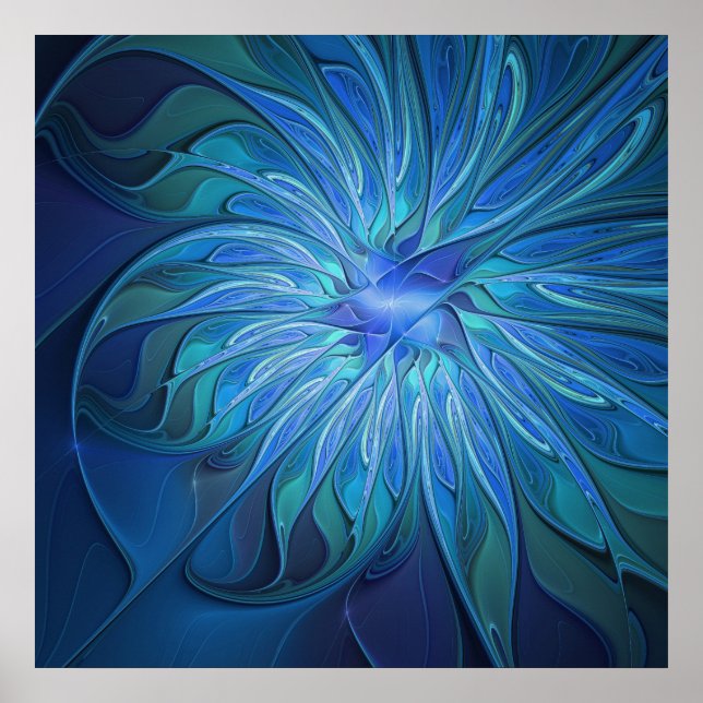 Blue Flower Fantasy Pattern, Abstract Fractal Art Poster (Front)