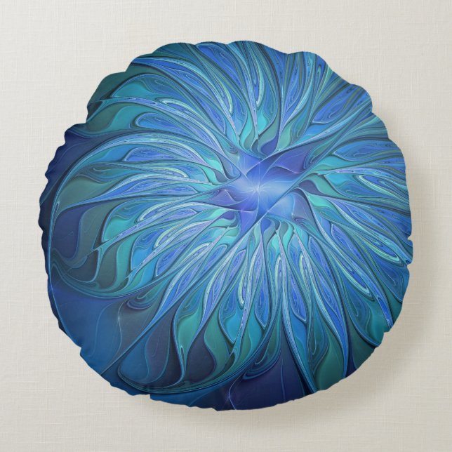 Blue Flower Fantasy Pattern, Abstract Fractal Art Round Pillow (Front)