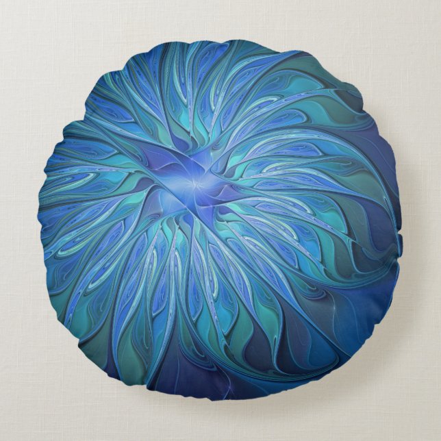 Blue Flower Fantasy Pattern, Abstract Fractal Art Round Pillow (Front)