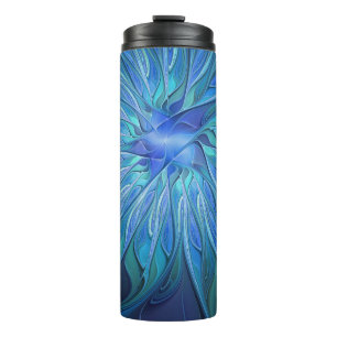 Blue Flower Fantasy Pattern, Abstract Fractal Art Thermal Tumbler