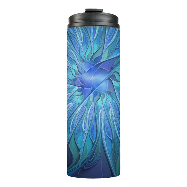 Blue Flower Fantasy Pattern, Abstract Fractal Art Thermal Tumbler (Front)