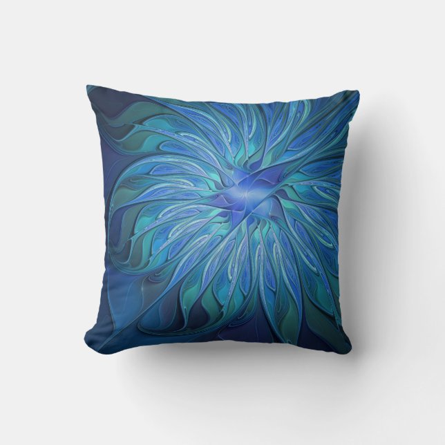Blue Flower Fantasy Pattern, Abstract Fractal Art Throw Pillow (Front)