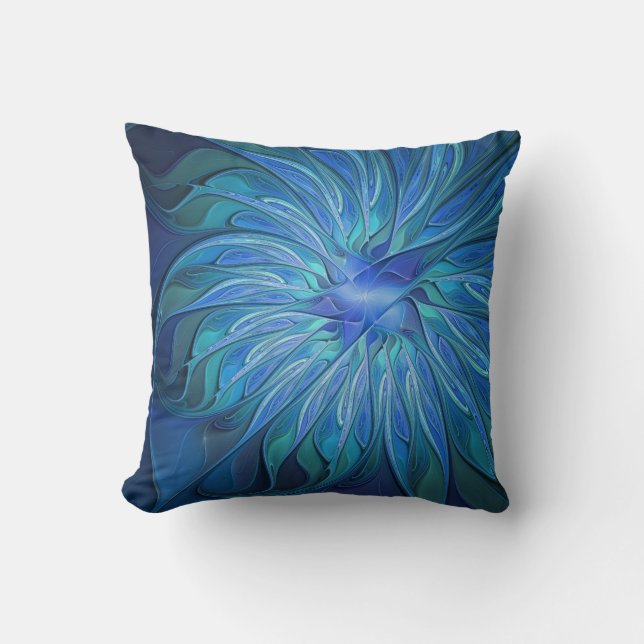 Blue Flower Fantasy Pattern, Abstract Fractal Art Throw Pillow (Front)