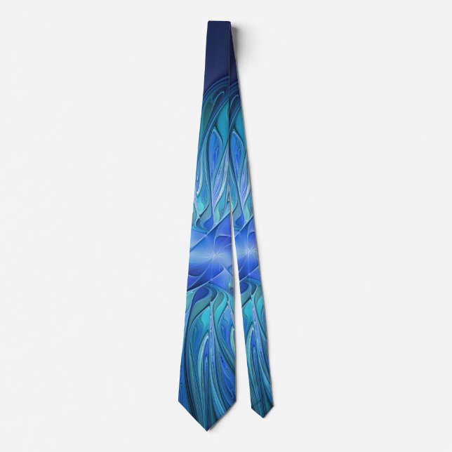 Blue Flower Fantasy Pattern, Abstract Fractal Art Tie (Front)
