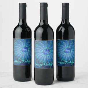 Blue Flower Fantasy Pattern, Abstract Fractal Art Wine Label