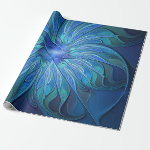 Blue Flower Fantasy Pattern, Abstract Fractal Art Wrapping Paper
