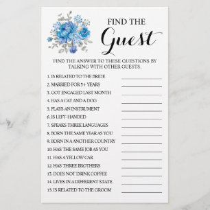 Blue Flower Find the Guest Bridal Shower Game Card